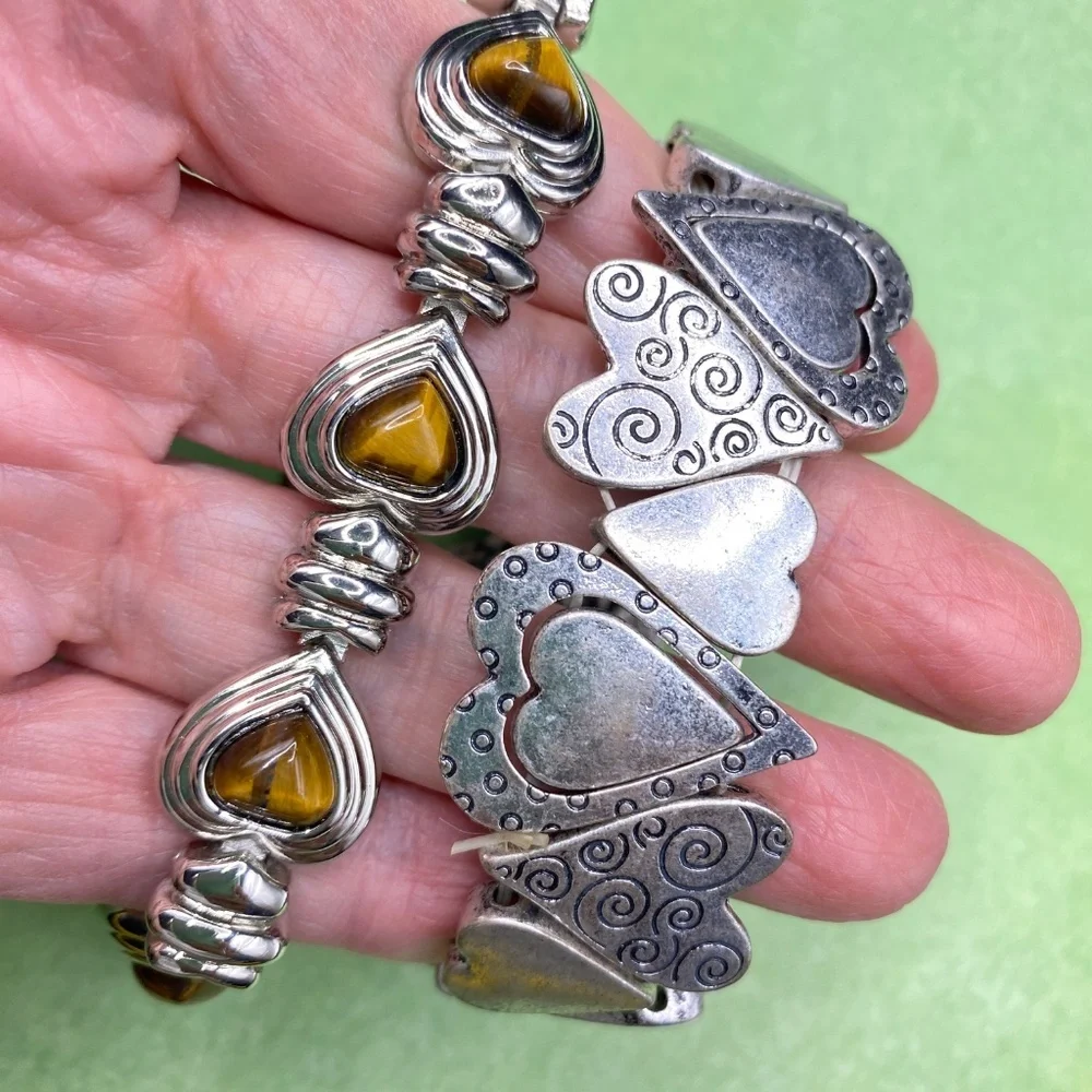 Silver Tone Heart Bracelets Pair Stretchy & Natural Tigereye
